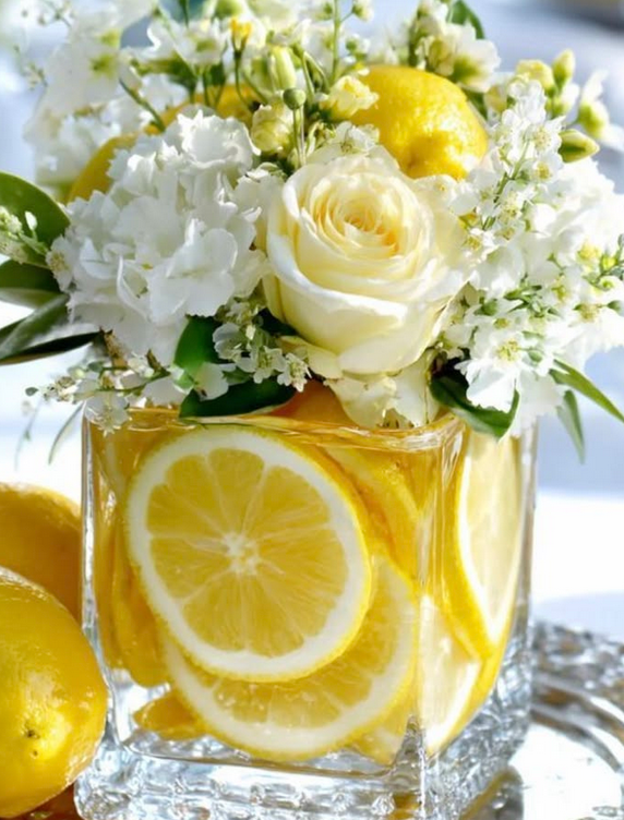 Centro de mesa con rodajas de limón y flores blancas en recipiente de cristal. Una idea fresca, luminosa y elegante para decorar mesas de verano con un estilo natural y mediterráneo.